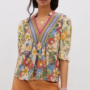 Anthropologie Bl-nk London Stephanie Floral 3/4 Sleeve V-Neck Top Yellow 1X
